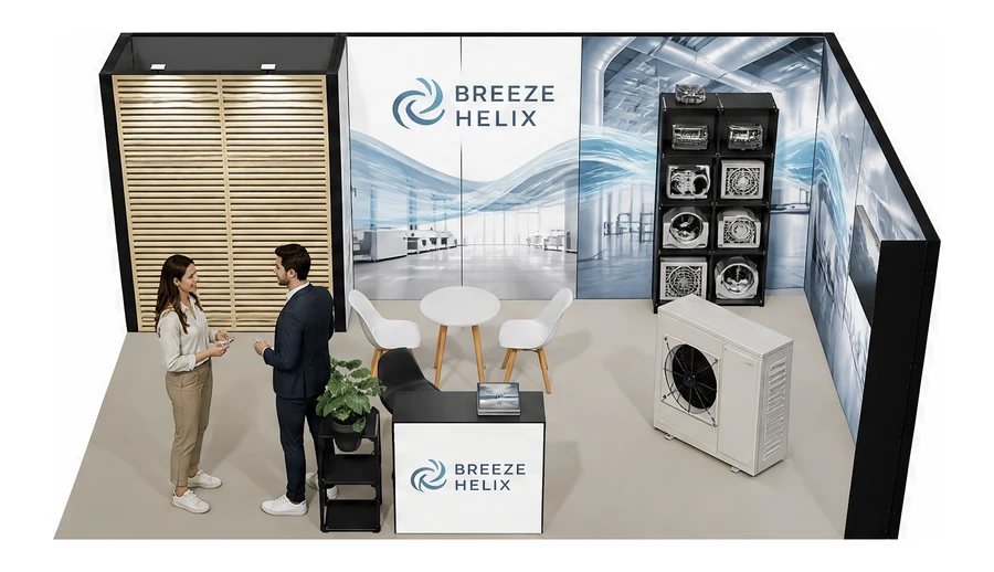 Stoisko 6 × 4 m narożne prawe dla branży wentylacja i klimatyzacja, przykładowa marka Breeze Helix