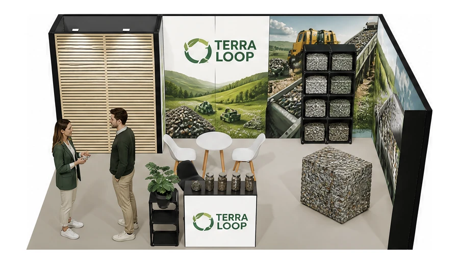 Stoisko 6 × 4 m narożne prawe dla branży recykling i ochrona środowiska, przykładowa marka Terra Loop