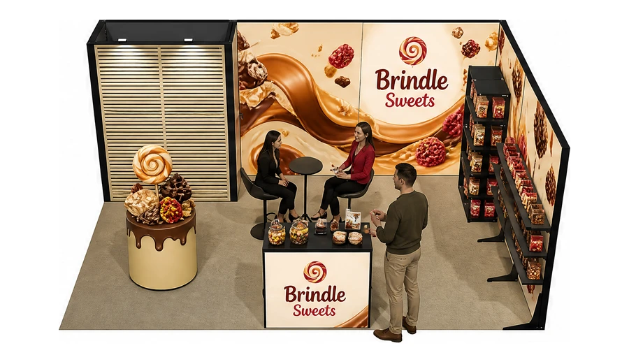 Stoisko 6 × 4 m narożne prawe dla branży słodycze i przekąski, przykładowa marka Brindle Sweets