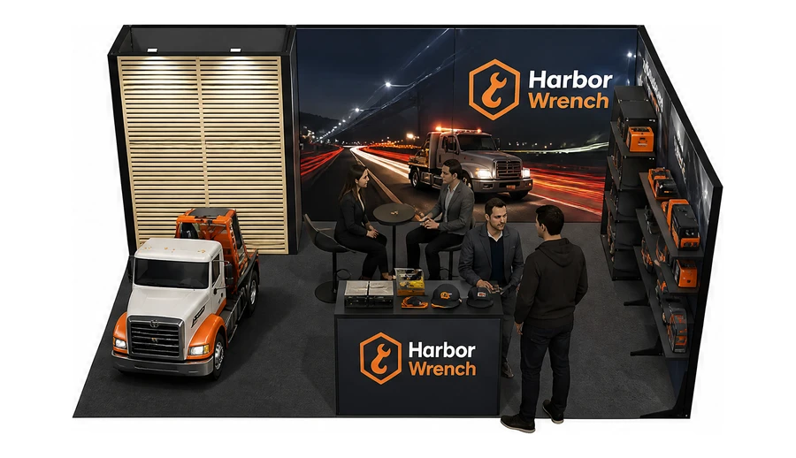 Stoisko 6 × 4 m narożne prawe dla branży pomoc drogowa i lawety, przykładowa marka Harbor Wrench