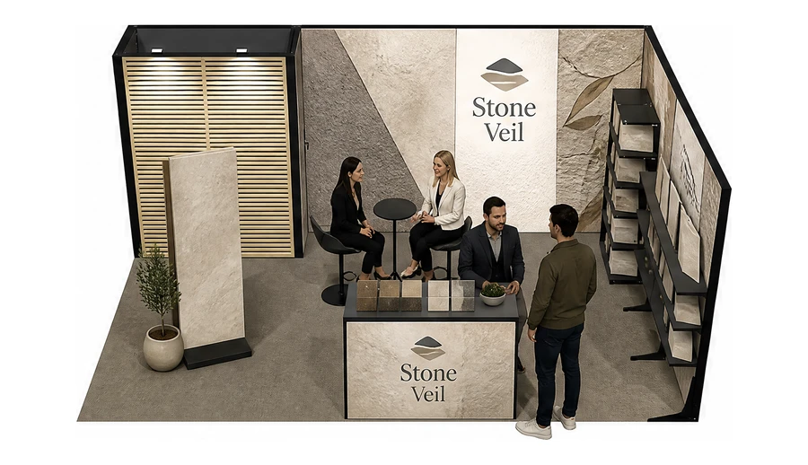 Stoisko 6 × 4 m narożne prawe dla branży wykończenie wnętrz, przykładowa marka Stone Veil