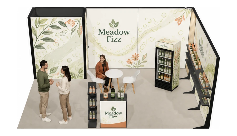Stoisko 6 × 4 m narożne prawe dla branży napoje, przykładowa marka Meadow Fizz