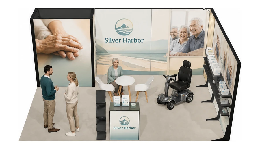 Stoisko 6 × 4 m narożne prawe dla branży opieka senioralna, przykładowa marka Silver Harbor