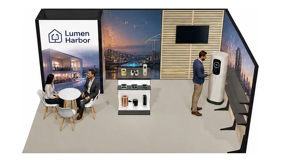 Stoisko 6 × 4 m narożne prawe dla branży smart home i IoT, przykładowa marka Lumen Harbor