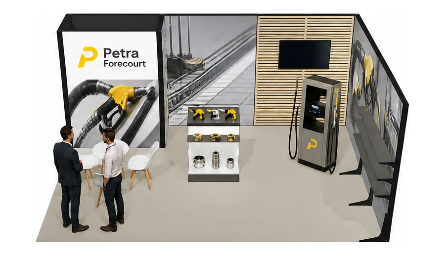 Stoisko 6 × 4 m narożne prawe dla branży stacje paliw, przykładowa marka Petra Forecourt