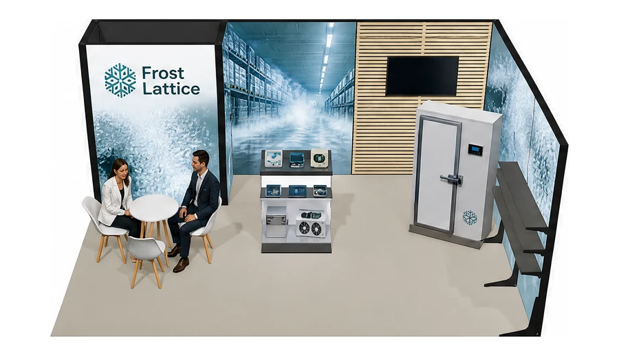 Stoisko 6 × 4 m narożne prawe dla branży łańcuch chłodniczy, przykładowa marka Frost Lattice