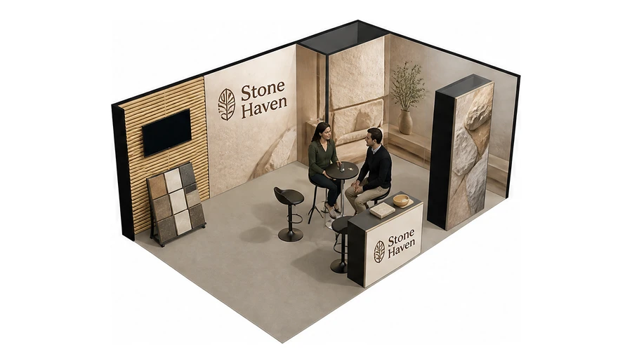 Stoisko 6 × 4 m narożne prawe dla branży wykończenie wnętrz, przykładowa marka Stone Haven