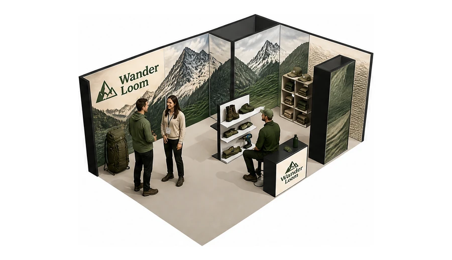Stoisko 6 × 4 m narożne prawe dla branży odzież i sprzęt outdoorowy, przykładowa marka Wander Loom