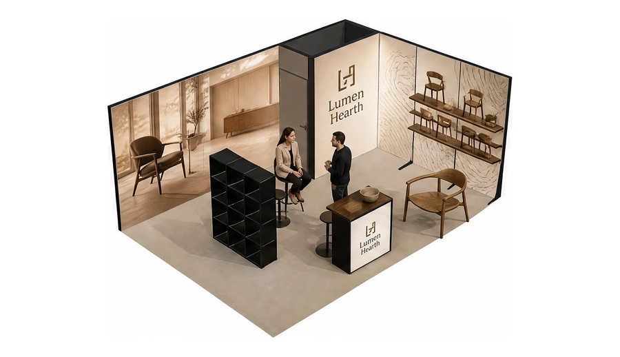 Stoisko 6 × 4 m narożne prawe dla branży meble designerskie, przykładowa marka Lumen Hearth