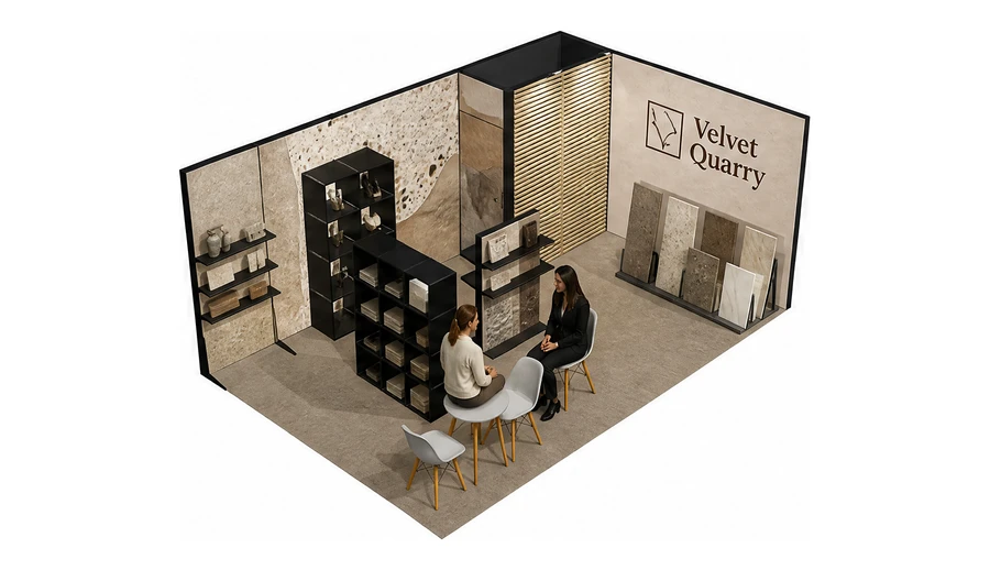 Stoisko 6 × 4 m narożne prawe dla branży wykończenie wnętrz, przykładowa marka Velvet Quarry