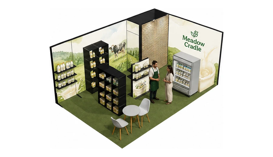 Stoisko 6 × 4 m narożne prawe dla branży nabiał i mleczarstwo, przykładowa marka Meadow Cradle