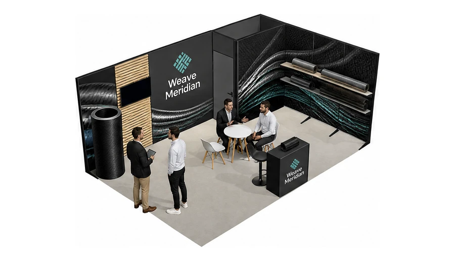Stoisko 6 × 4 m narożne prawe dla branży materiały kompozytowe, przykładowa marka Weave Meridian