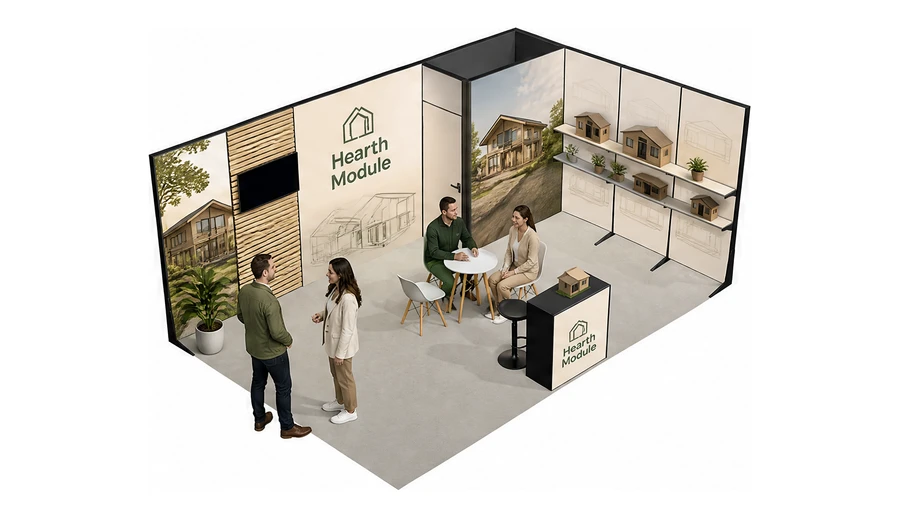 Stoisko 6 × 4 m narożne prawe dla branży domy modułowe i prefabrykacja, przykładowa marka Hearth Module