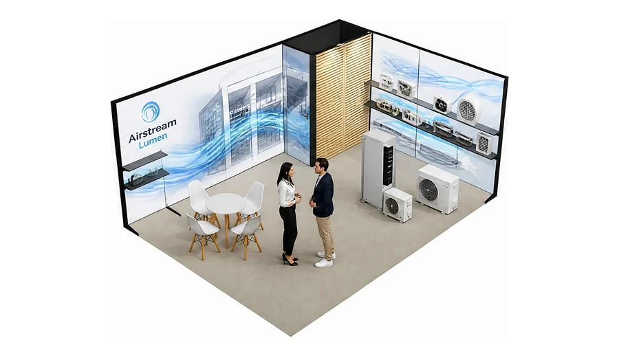 Stoisko 6 × 4 m narożne prawe dla branży wentylacja i klimatyzacja, przykładowa marka Airstream Lumen
