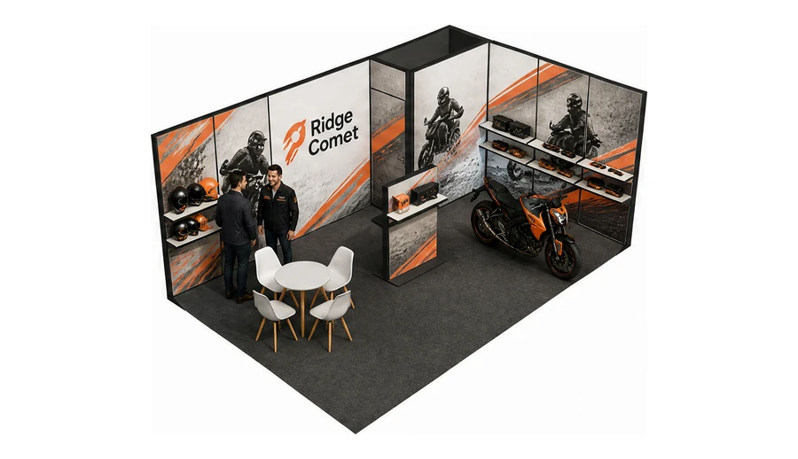 Stoisko 6 × 4 m narożne prawe dla branży motocykle i skutery, przykładowa marka Ridge Comet
