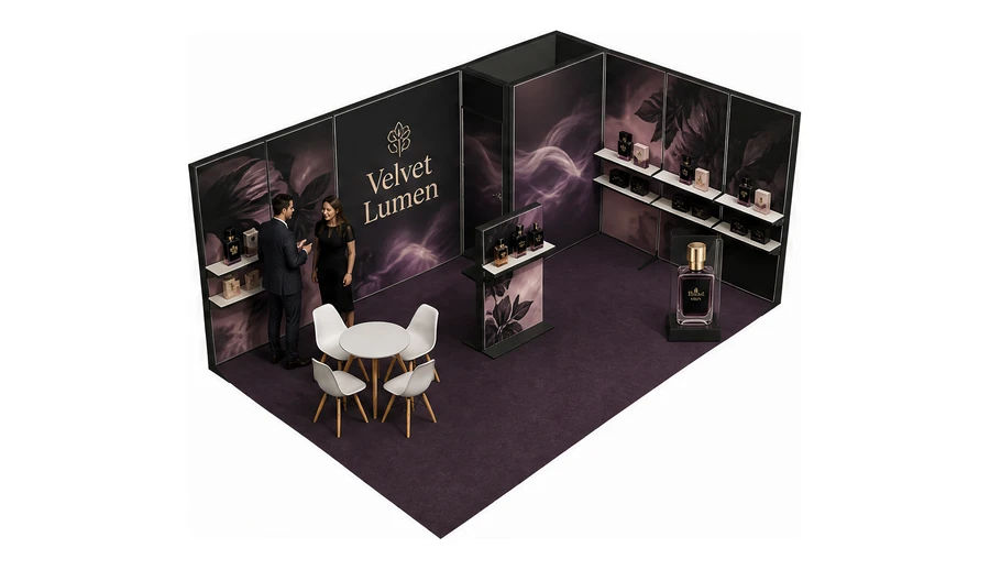 Stoisko 6 × 4 m narożne prawe dla branży perfumy, przykładowa marka Velvet Lumen