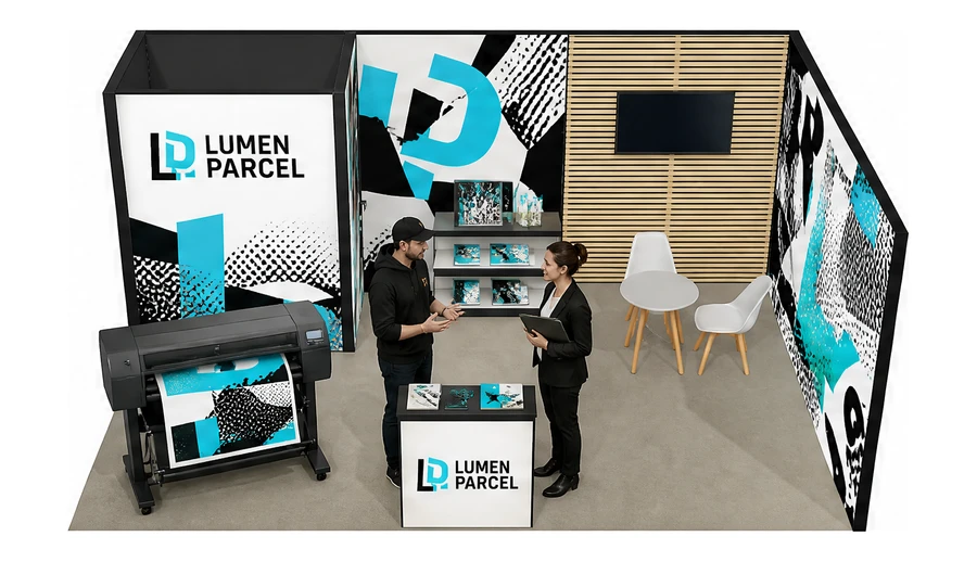 Stoisko 6 × 4 m narożne prawe dla branży reklama i druk, przykładowa marka Lumen Parcel