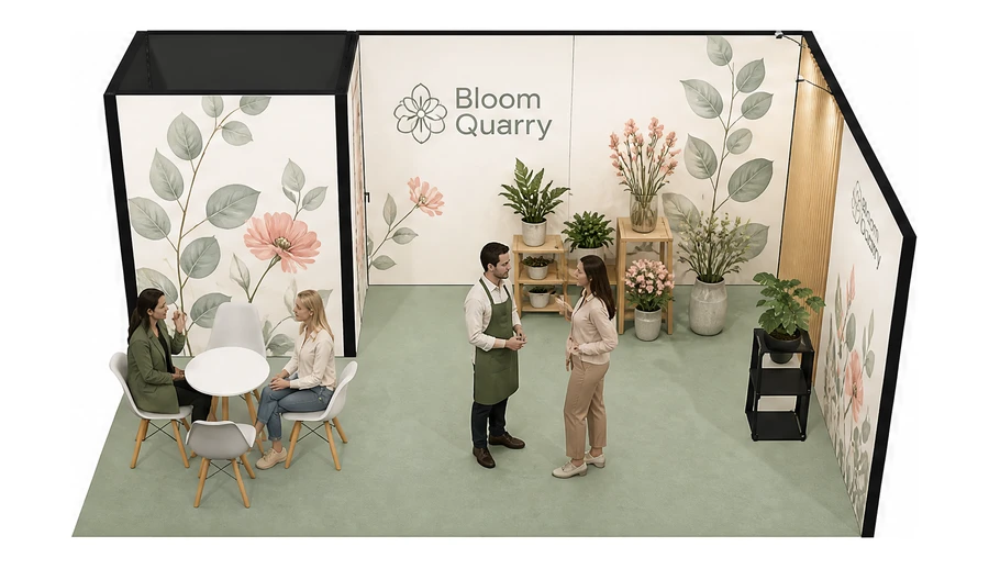 Stoisko 6 × 4 m narożne prawe dla branży rośliny i kwiaciarstwo, przykładowa marka Bloom Quarry
