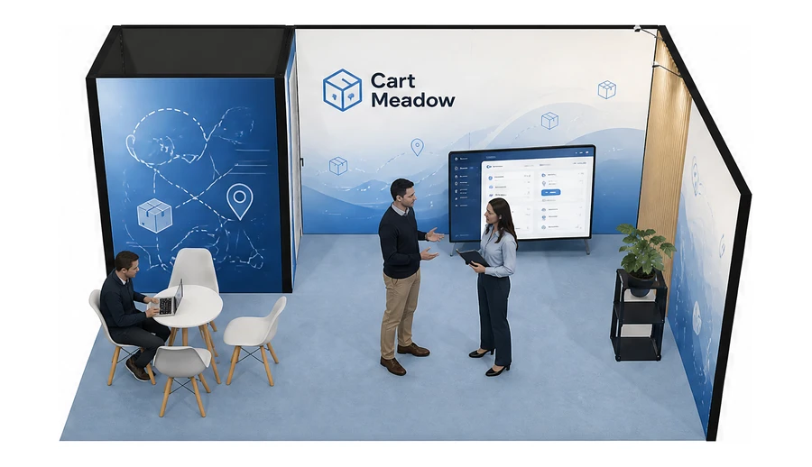 Stoisko 6 × 4 m narożne prawe dla branży e-commerce, przykładowa marka Cart Meadow
