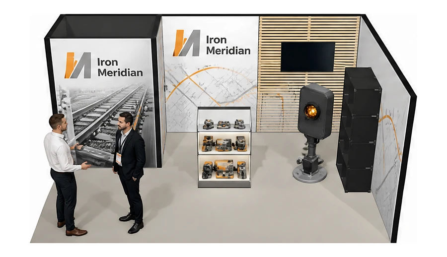 Stoisko 6 × 4 m narożne prawe dla branży kolej i tabor, przykładowa marka Iron Meridian