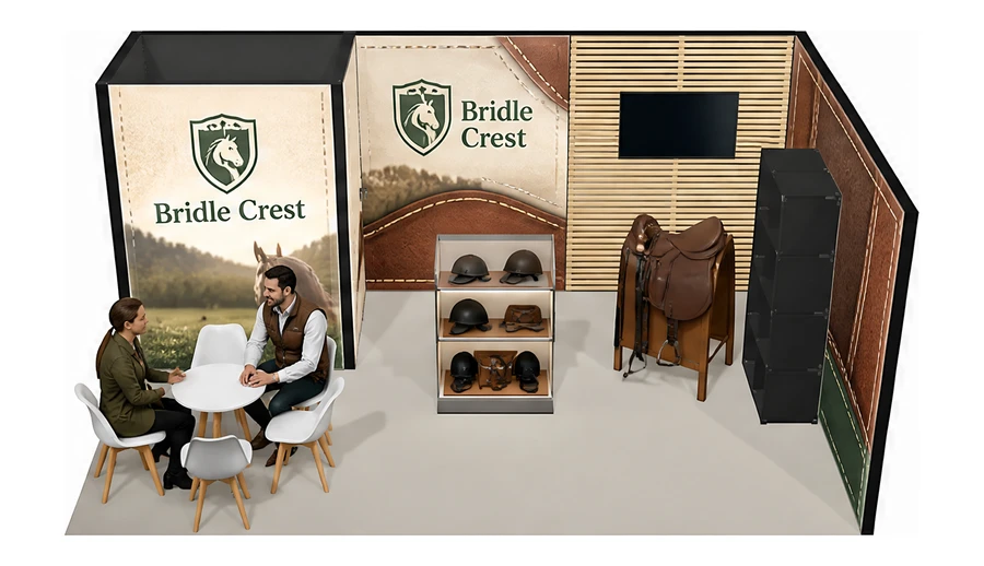 Stoisko 6 × 4 m narożne prawe dla branży jeździectwo, przykładowa marka Bridle Crest