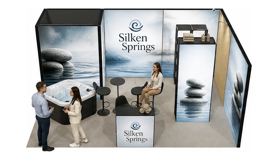 Stoisko 6 × 4 m narożne prawe dla branży spa i wellness, przykładowa marka Silken Springs