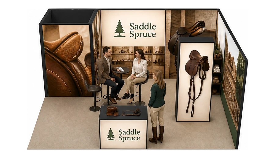 Stoisko 6 × 4 m narożne prawe dla branży jeździectwo, przykładowa marka Saddle Spruce