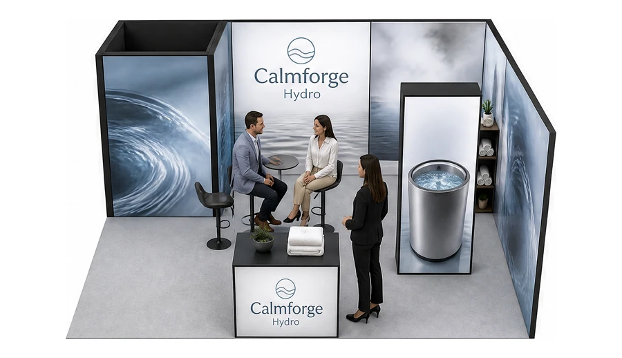 Stoisko 6 × 4 m narożne prawe dla branży spa i wellness, przykładowa marka Calmforge Hydro