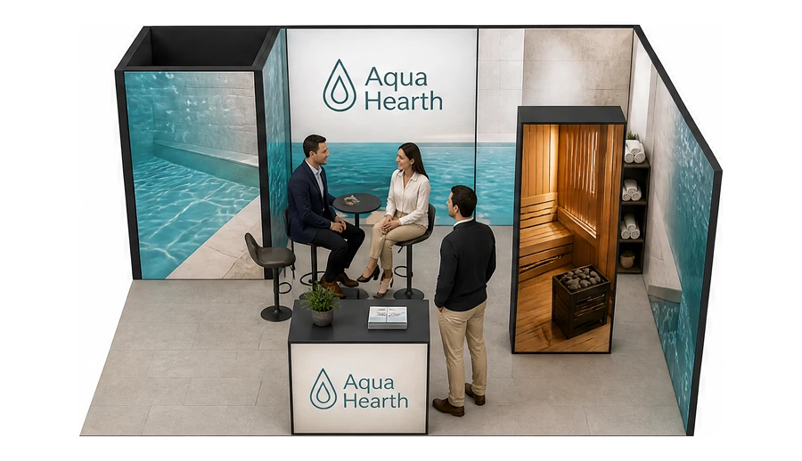 Stoisko 6 × 4 m narożne prawe dla branży baseny i sauny, przykładowa marka Aqua Hearth