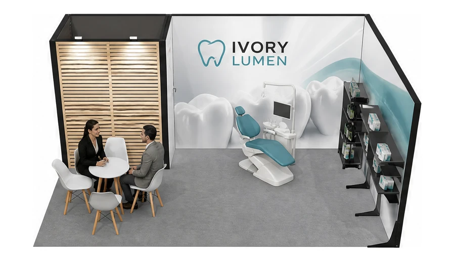 Stoisko 6 × 4 m narożne prawe dla branży stomatologia, przykładowa marka Ivory Lumen