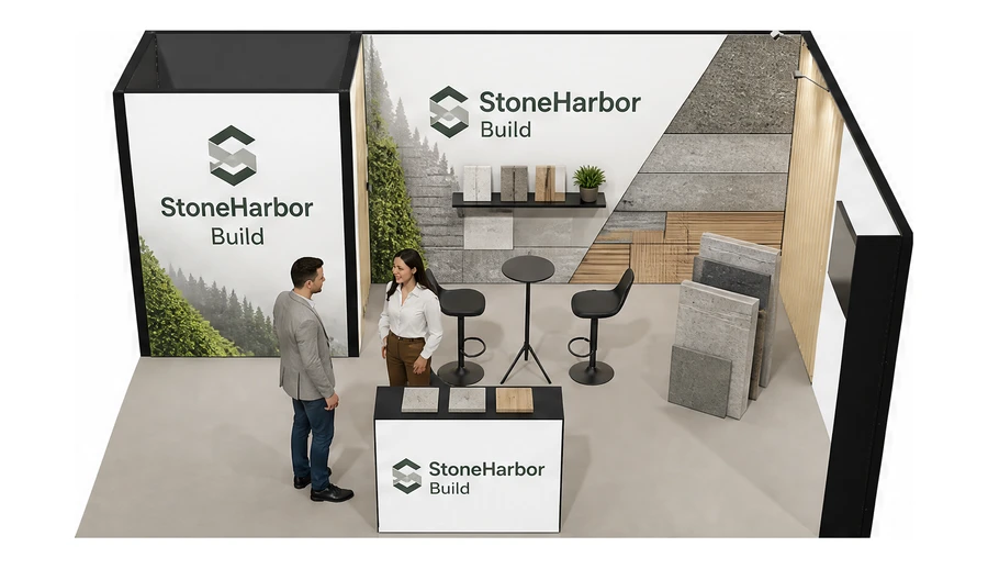 Stoisko 6 × 4 m narożne prawe dla branży materiały budowlane, przykładowa marka StoneHarbor Build