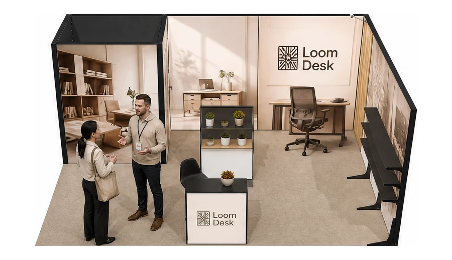 Stoisko 6 × 4 m narożne prawe dla branży meble biurowe, przykładowa marka Loom Desk