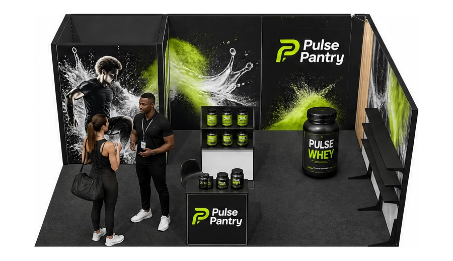 Stoisko 6 × 4 m narożne prawe dla branży suplementy diety, przykładowa marka Pulse Pantry