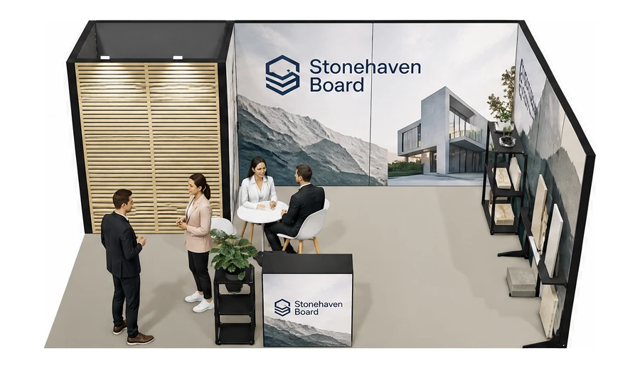Stoisko 6 × 4 m narożne prawe dla branży materiały budowlane, przykładowa marka Stonehaven Board