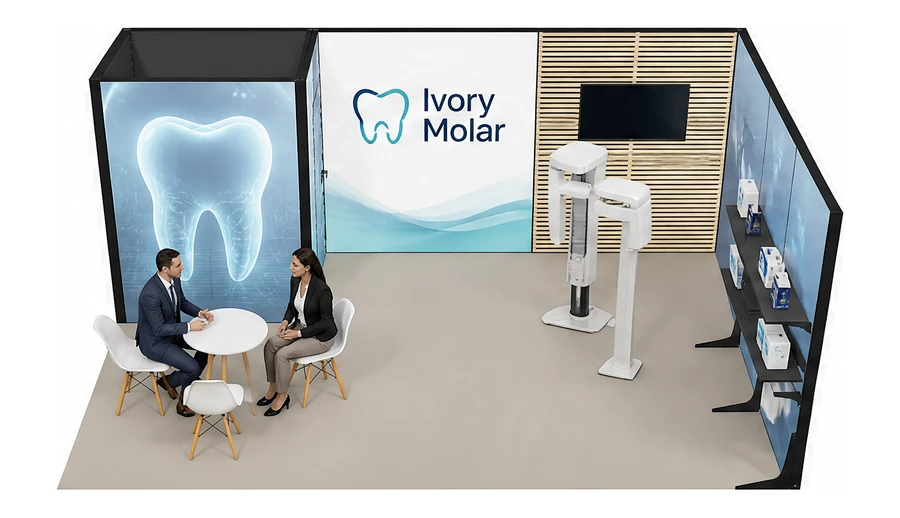Stoisko 6 × 4 m narożne prawe dla branży stomatologia, przykładowa marka Ivory Molar