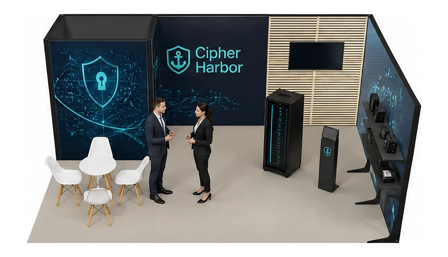 Stoisko 6 × 4 m narożne prawe dla branży cyberbezpieczeństwo, przykładowa marka Cipher Harbor