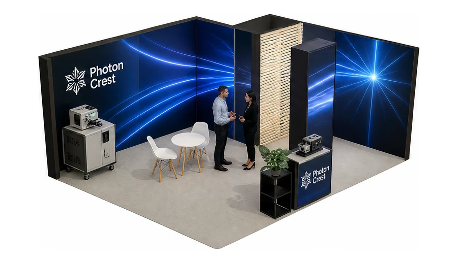 Stoisko 6 × 4 m narożne prawe dla branży technika laserowa i fotonika, przykładowa marka Photon Crest