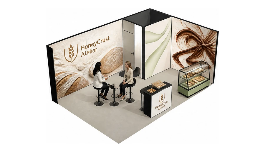 Stoisko 6 × 4 m narożne prawe dla branży piekarnictwo i cukiernictwo, przykładowa marka HoneyCrust Atelier