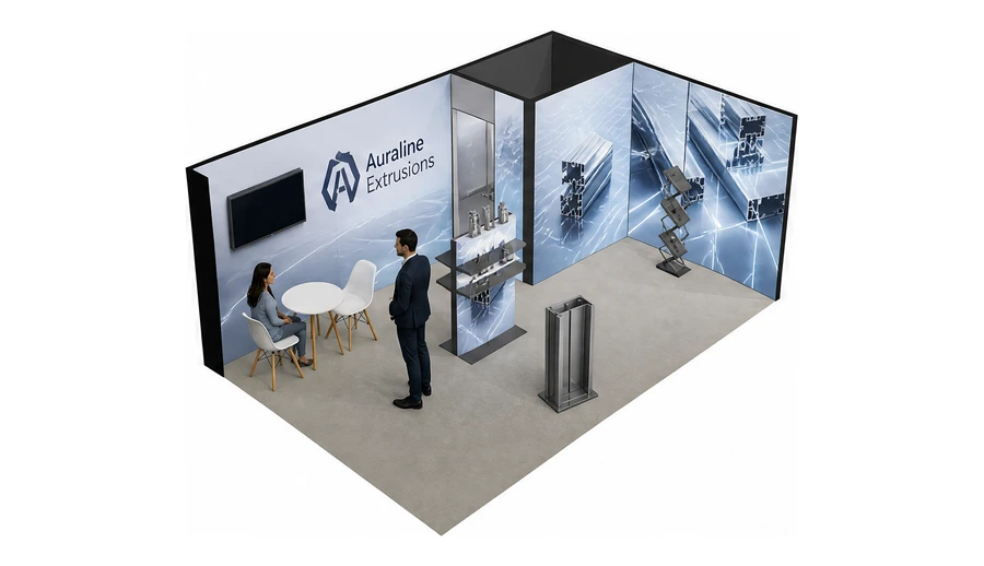 Stoisko 6 × 4 m narożne prawe dla branży profile aluminiowe, przykładowa marka Auraline Extrusions