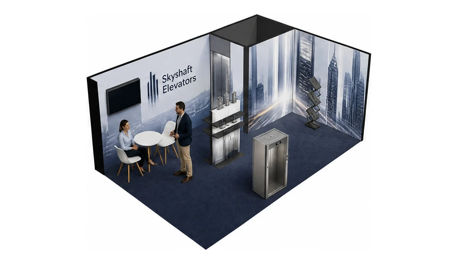 Stoisko 6 × 4 m narożne prawe dla branży dźwigi i windy, przykładowa marka Skyshaft Elevators