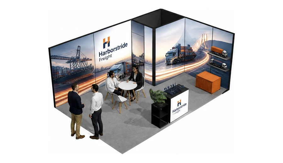 Stoisko 6 × 4 m narożne prawe dla branży logistyka i spedycja, przykładowa marka Harborstride Freight