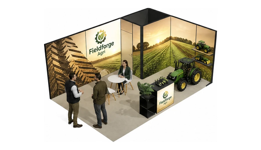 Stoisko 6 × 4 m narożne prawe dla branży maszyny rolnicze, przykładowa marka Fieldforge Agri