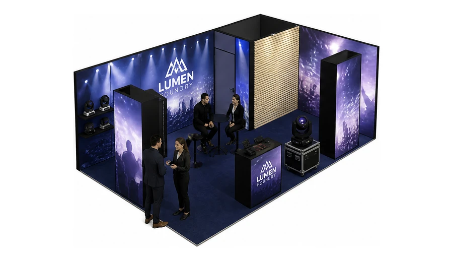 Stoisko 6 × 4 m narożne prawe dla branży branża eventowa, przykładowa marka Lumen Foundry