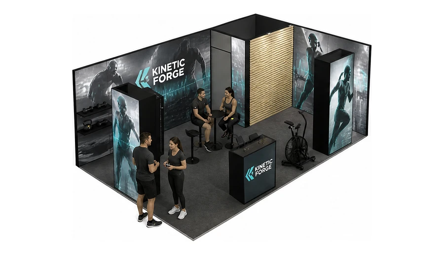 Stoisko 6 × 4 m narożne prawe dla branży fitness i siłownie, przykładowa marka Kinetic Forge