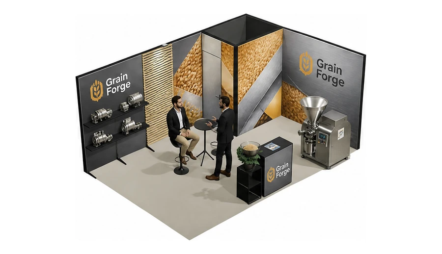 Stoisko 6 × 4 m narożne prawe dla branży technologie spożywcze, przykładowa marka Grain Forge