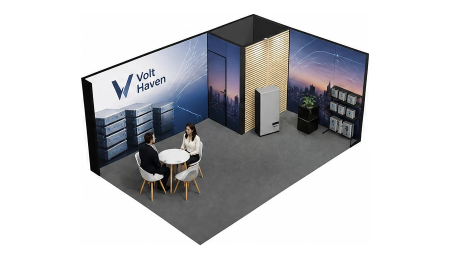 Stoisko 6 × 4 m narożne prawe dla branży magazyny energii, przykładowa marka Volt Haven