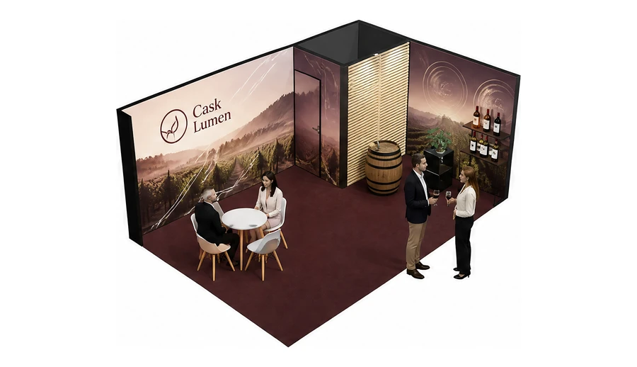 Stoisko 6 × 4 m narożne prawe dla branży winnica, przykładowa marka Cask Lumen
