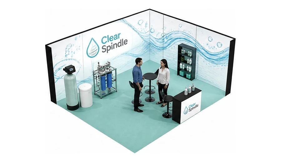 Stoisko 6 × 5 m narożne prawe dla branży technologie wodne, przykładowa marka Clear Spindle