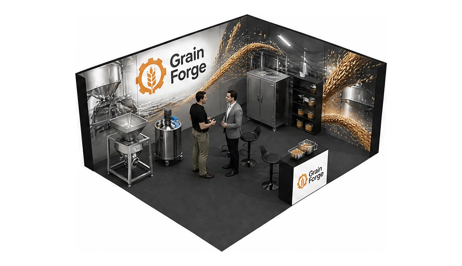 Stoisko 6 × 5 m narożne prawe dla branży technologie spożywcze, przykładowa marka Grain Forge