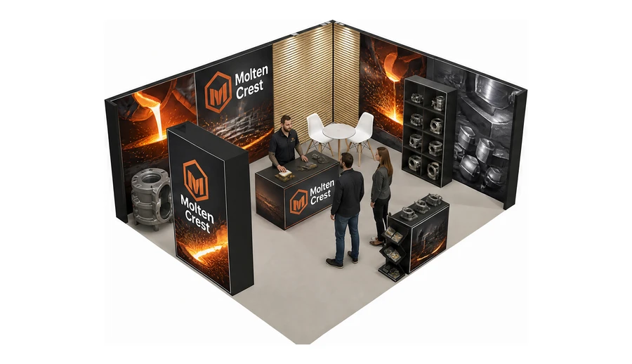Stoisko 6 × 5 m narożne prawe dla branży obróbka metali i odlewnictwo, przykładowa marka Molten Crest